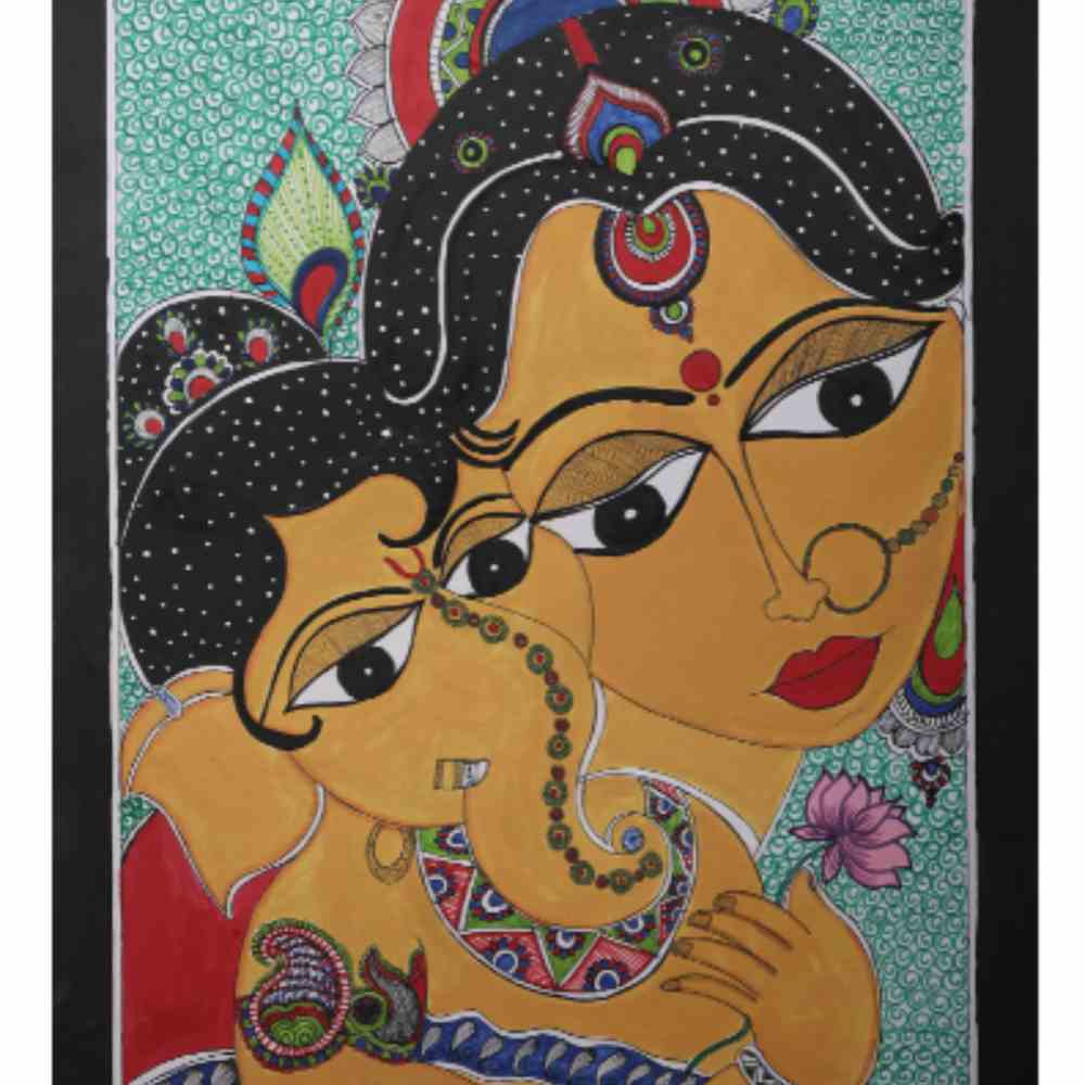 Divine Playfulness: Bal Ganesha with Parvati Maa Madhubani Painting